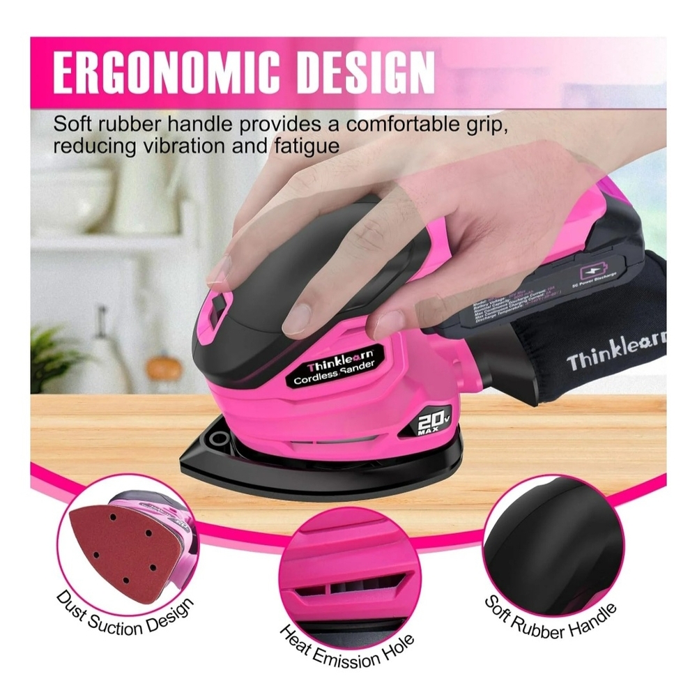 Cordless Detail Sander 20V Electric  With 22Pcs Sandpapers 12000 Hot Pink New!! - Picture 3 of 6